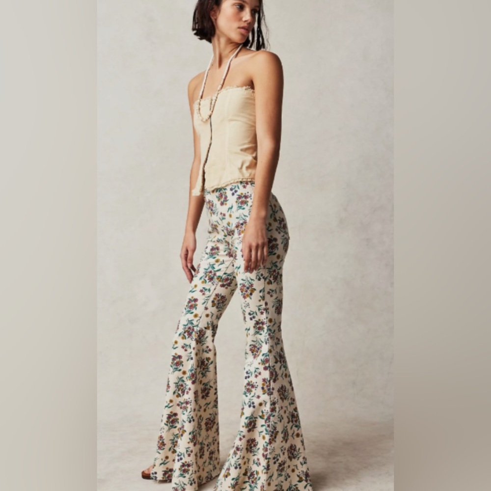 Free People Cream Floral Boot Cut Pants with Multicolor Print